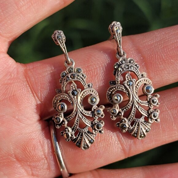 Jewelry - Vintage 925 sterling silver Art Deco ornate marcasite adorned unique earrings